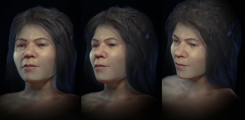 Unikátní rekonstrukce lebky dívky z doby kamenné, jejíž ostatky byly nalezeny v Mladečských jeskyních. Barevná, složená a subjektivní forenzní aproximace obličeje.