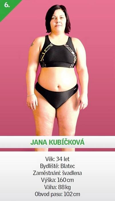 6 / Jana Kubíčková - Věk: 34 let - Bydliště: Blatec - Zaměstnání: švadlena - Výška: 160 cm - Váha: 88 kg - Obvod pasu: 102 cm