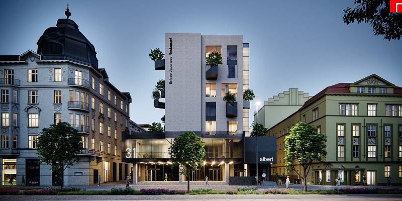 Vizualizace proměny budovy Jednoty v centru Olomouce na moderní polyfunkční dům