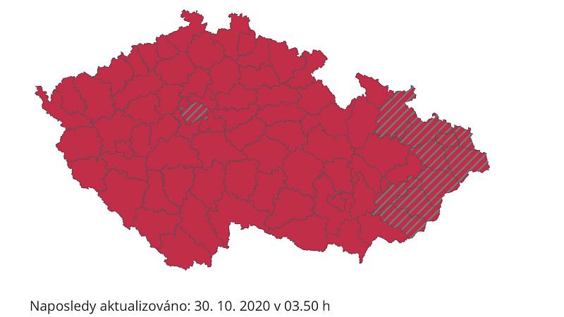 Covidový semafor 30. října 2020. Olomoucký kraj je v červené zóně - třetí stupeň pohotovosti.