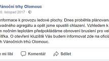 O téměř padesátihodinové odstávce informoval provozovatel kluziště, o.p.s Kulturní Olomouc, na své facebookové stránce