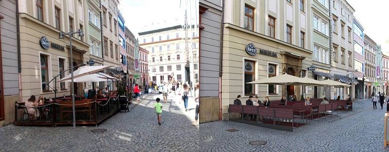 Ulice 28. října. Vizualizace možné podoby restauračních zahrádek podle požadavků olomouckého magistrátu. Vlevo aktuální reálná podoba