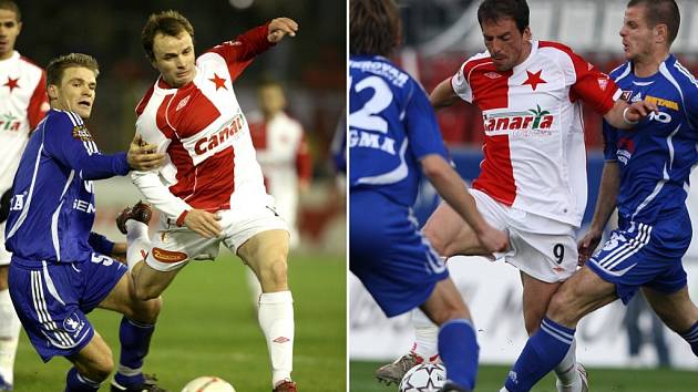 Do Sigmy by mohl přijít útočník ze Slavie Praha. V úvahu by mohli připadat třeba Zdeněk Šenkeřík (na snímku vlevo v souboji s Markem Kaščákem) nebo Goce Toleski (č. 9).