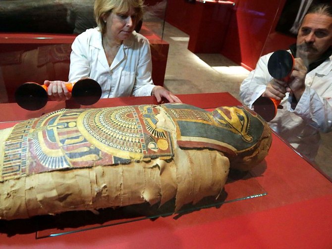 Instalace výstavy Poklady starého Egypta - Sbírka Josefa Ferdinanda Habsburského ve Vlastivědném muzeu v Olomouci v říjnu 2013.