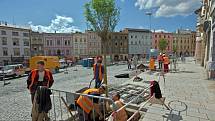 Sázení nových stromů v rámci rekonstrukce Dolního náměstí v Olomouci. Zajímavostí je automatické zavlažování