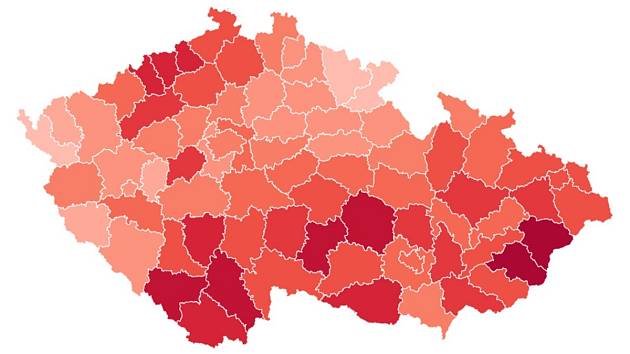 Počty nakažených na 100 tisíc obyvatel za posledních 7 dní podle okresů