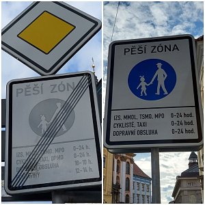 Nová omezení chodců v pěší zóně historického centra památkové rezervace Olomouce.