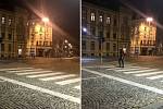 Náměstí hrdinů v Olomouci, po 21. hodině. Úterý 27. října (vlevo)  a ve středu 28. října (vpravo), kdy už platil nový zákaz nočního vycházení