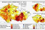 Odchylka půdní vlhkosti od obvyklého stavu v období 1961 - 2010. Stav ze dne 11.6. podle projektu Intersucho.cz