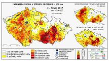 Odchylka půdní vlhkosti od obvyklého stavu v období 1961 - 2010. Stav ze dne 11.6. podle projektu Intersucho.cz