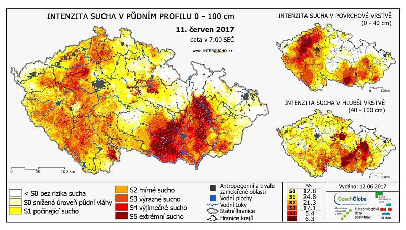Odchylka půdní vlhkosti od obvyklého stavu v období 1961 - 2010. Stav ze dne 11.6. podle projektu Intersucho.cz