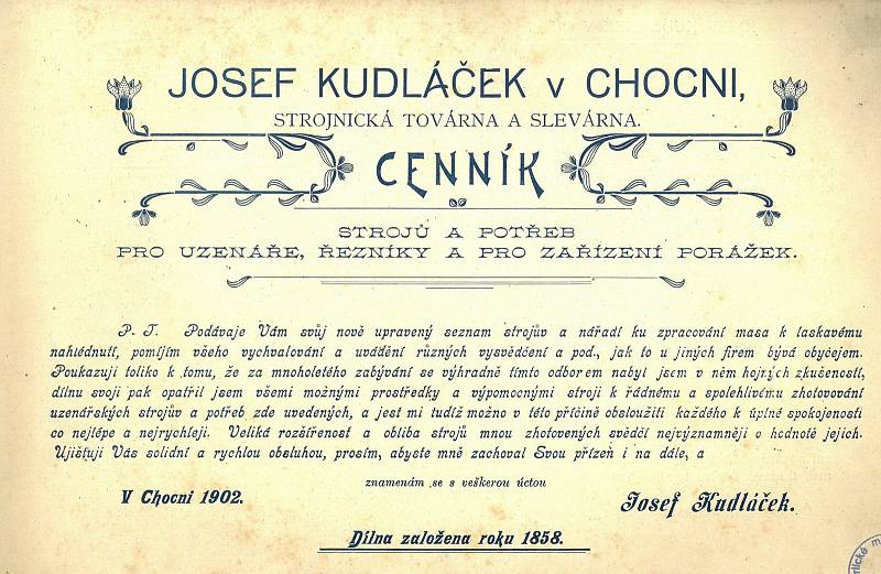Ceny firmy Kudláček z roku 1902