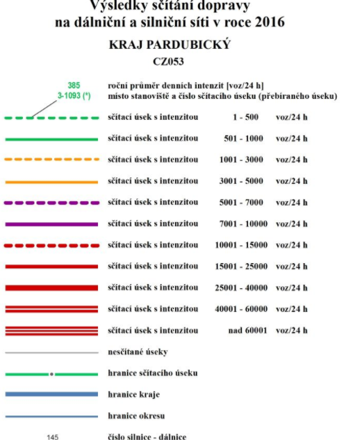 Vysvětlivky k mapě intenzit dopravy podle sčítání v r. 2016