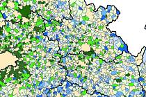 Nejvíce rostou vesnice v okolí Hradce Králové, Pardubic a zvláště Prahy (zelená barva), naopak obce, jež jsou daleko od měst, hlavně u hranic krajů nebo v pohraničí, vymírají (modrá barva).
