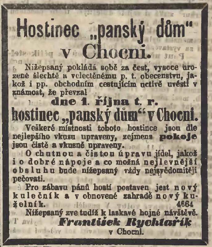 Dobový inzerát, Panský dům, Národní listy z 1. října 1869, Foto: Orlické muzeum Choceň