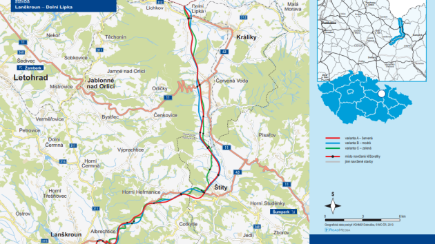 Uvažované trasy dvouproudé přeložky I/43 z Lanškrouna do Dolní Lipky