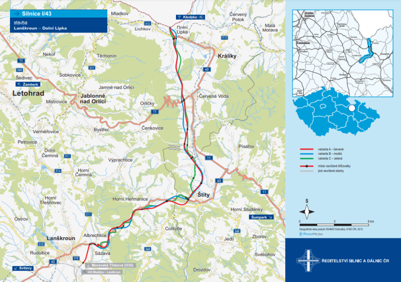 Uvažované trasy dvouproudé přeložky I/43 z Lanškrouna do Dolní Lipky