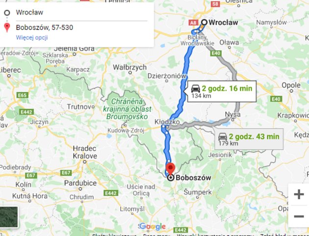 Uvažovaná trasa z Vratislavi.