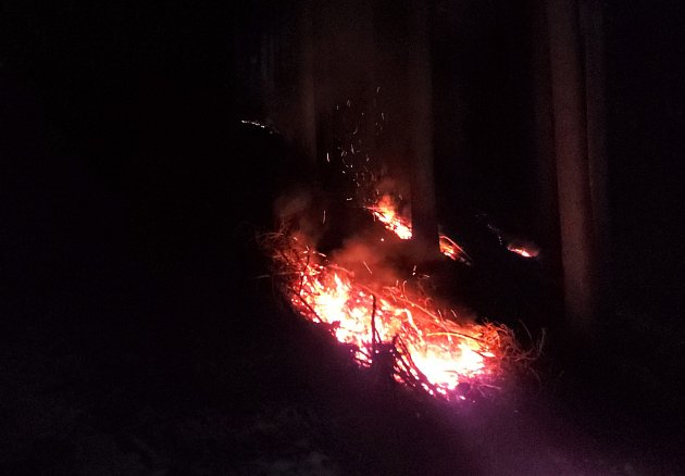 FOTO: V lese u Dlouhoňovic nechal muž zapálených 18 míst a odešel