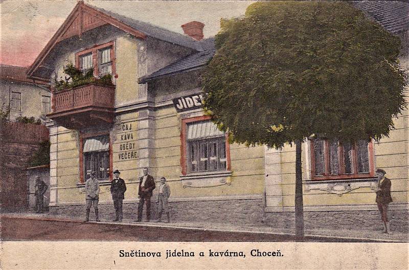 Dobová pohlednice, Snětinova kavárna a jídelna, první republika.