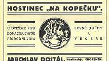 Dobová reklama z roku 1928. Hostinec Na Kopečku Jaroslava Dostála. Zdroj: Orlické muzeum Choceň