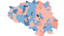 Mapa proočkovanosti Chrudimsko. Modré odstíny značí vyšší poddíl naočkovaných, než činí průměr ČR.