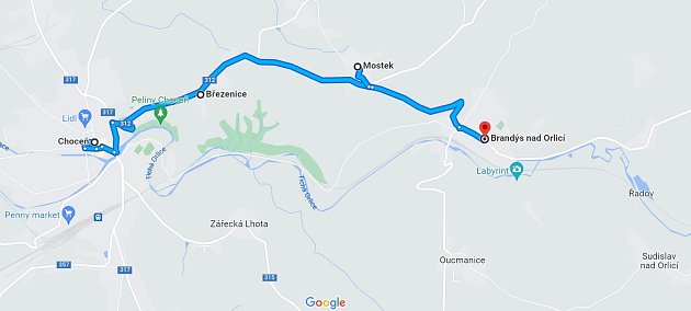 Mapka trasy, kudy vedou polepené cedule