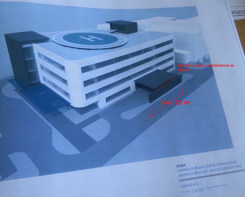 Vizualizace protihlukové stěny nového centrálního příjmu v orlickoústecké nemocnici.