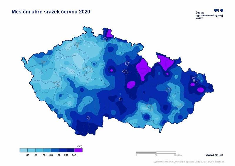 Nejvyšší úhrny srážek byly v červnu v Pardubickém kraji, lokálně pak rovněž v Jeseníkách, Jizerských horách a Beskydech.