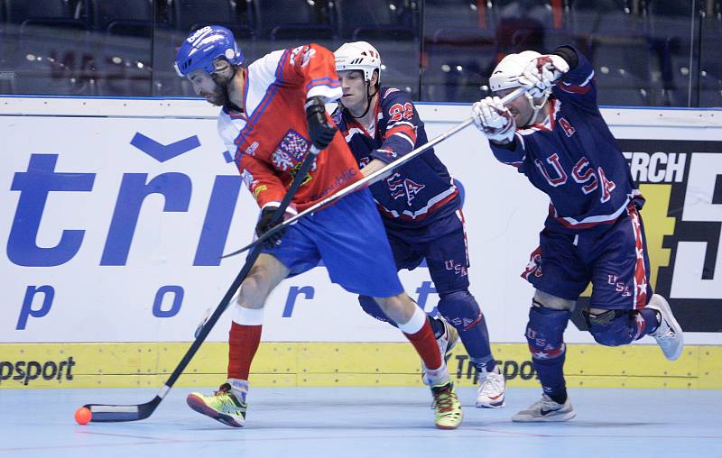 Hokejbalové utkání Mistrovství světa mezi Českou republikou a USA v pardubické Tipsport Aréně.