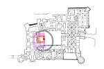 Půdorys přízemí zámku v Pardubicích se zakreslením nalezené zdi: tmavě červeně - archeologicky odhalený fragment zdi, světle červeně - hypotetická rekonstrukce minimálního rozsahu věže, fialově - hypotetická rekonstrukce maximálního rozsahu věže, šedě - h