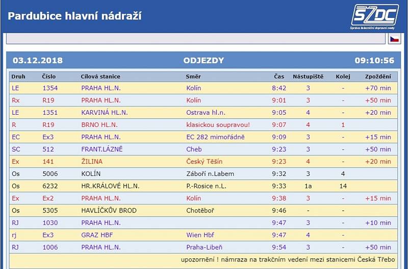 Ranní zpoždění vlaků ve stanici Pardubice - u České Třebové vlaky kvůli námraze na trakčním vedení projedou pouze s pomocí motorových lokomotiv.