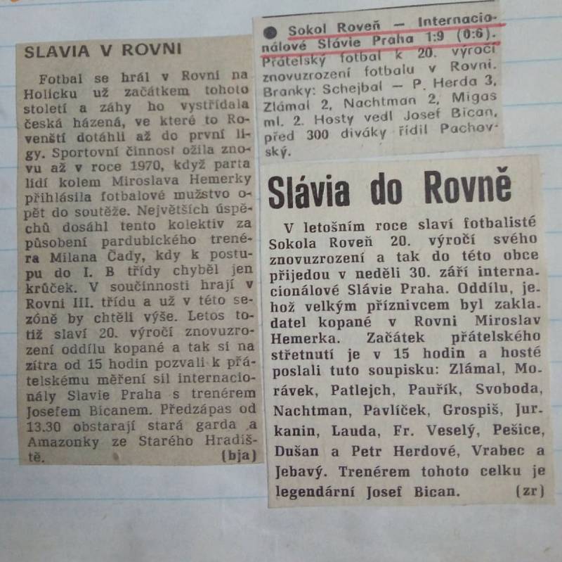 Historické zápasy TJ Sokol Roveň - SK Slavia Praha v letech 1990 a 2000 .