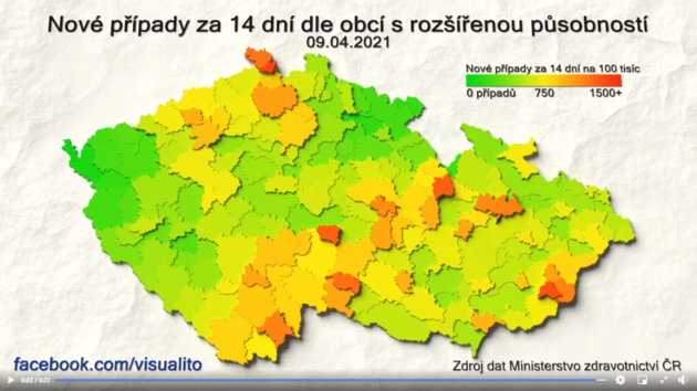 Počet zjištěných nových případ koronaviru v tzv. malých okresech 9. dubna