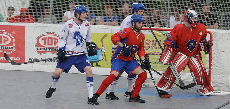 Čtvrté finále hokejbalové play-off CROSSDOCK extraligy mezi HBC Autosklo-H.A.K. Pardubice (v bílomodrém) a  HC Kert Park Praha(v červeném) na hřišri v Polabinách.