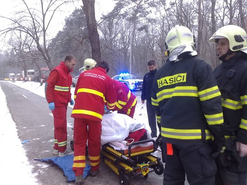 Čelní náraz auta do stromu si v sobotu u Rybitví vyžádal čtyři zraněné 