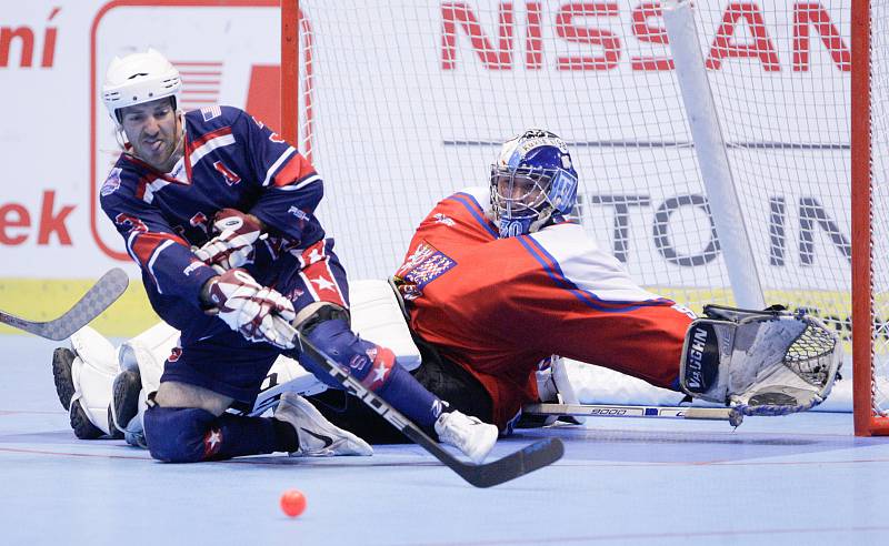 Hokejbalové utkání Mistrovství světa mezi Českou republikou a USA v pardubické Tipsport Aréně.