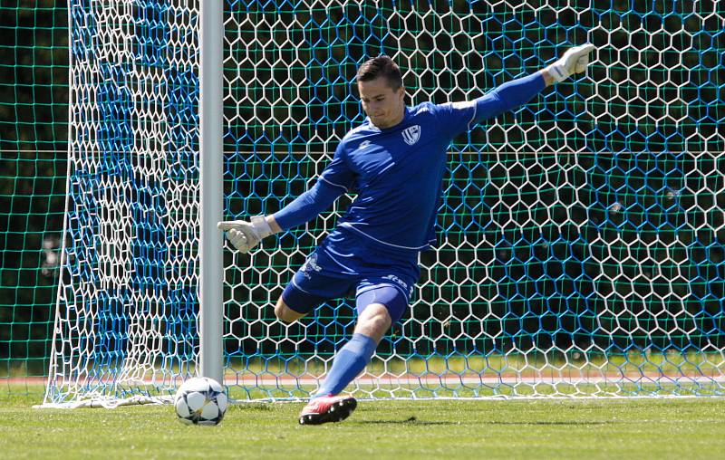 Přípravné fotbalové utkání mezi FK Pardubice (v červenobílém) a FK Viktoria Žižkov (v zeleném) na hřišti v Přelouči.