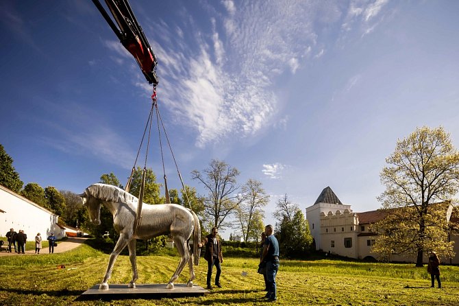 Instalace sochy koně na louce pod pardubickým zámkem.