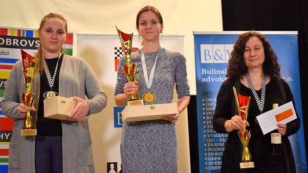 Tři nejlepší hráčky mistrovství ČR v bleskovém šachu: zleva Nataša Richterová, Tereza Rodshtein, Olga Sikorová.