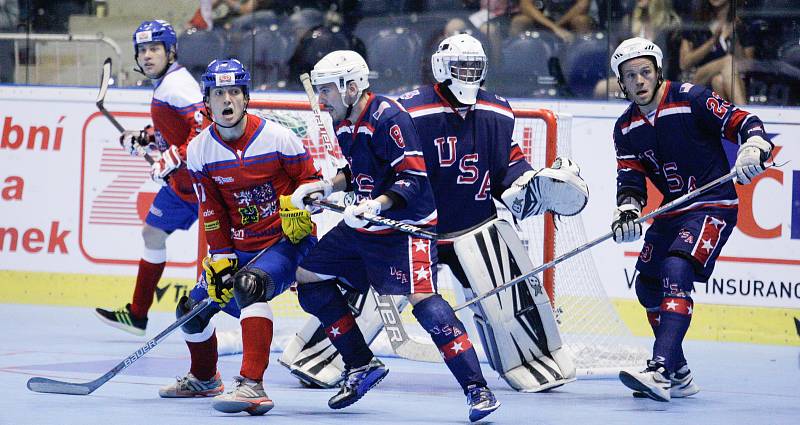 Hokejbalové utkání Mistrovství světa mezi Českou republikou a USA v pardubické Tipsport Aréně.