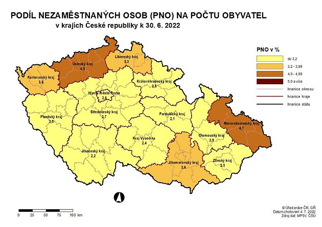 Úřad práce ČR evidoval k 30. 6. 2022 celkem 231 309 uchazečů o zaměstnání, o 4 159 méně než v předchozím měsíci a o 41 993 méně než loni. Podíl nezaměstnaných osob poklesl na 3,1 %