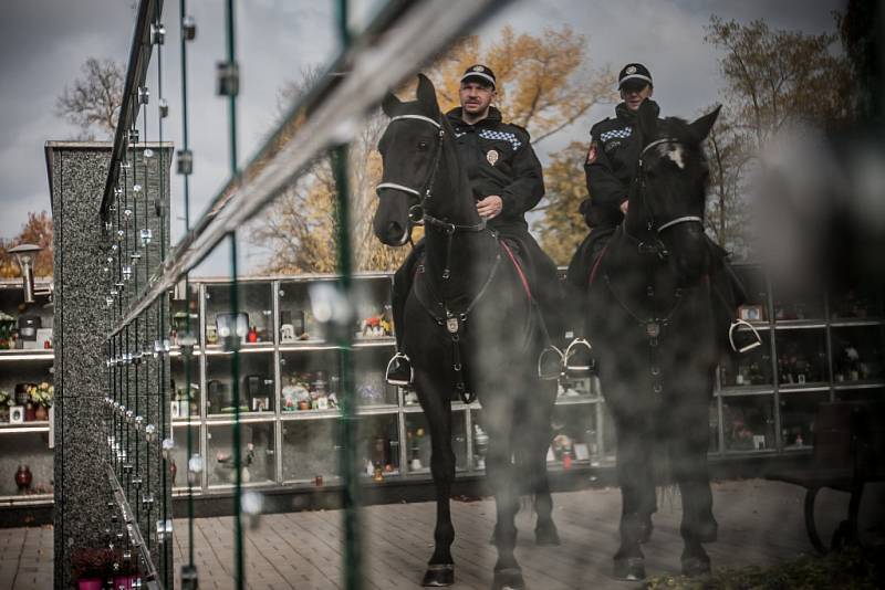 Strážníci městské policie Pardubice hlídkují na hřbitovech také v sedlech starokladrubských vraníků.