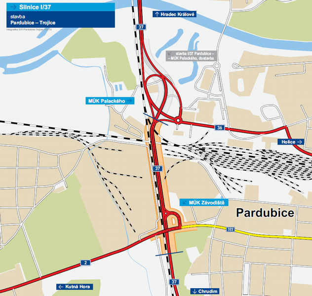 Zhruba kilometrový úsek I/37 mezi křižovatkou u Parama a křižovatkou Palackého je nejvytíženější silnicí ve východních Čechách (oranžově zvýrazněno)