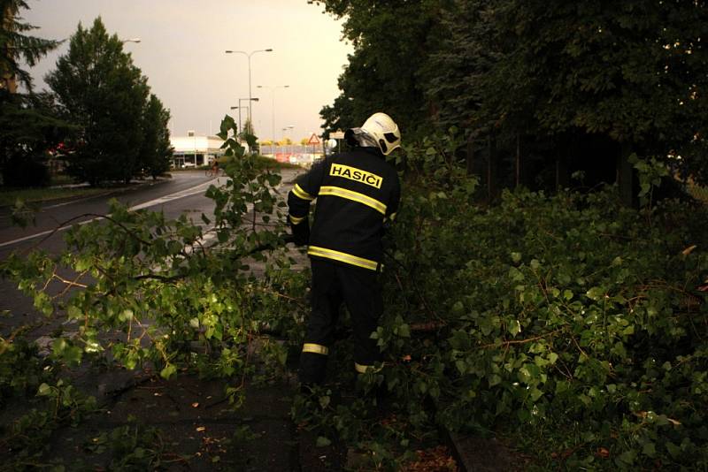 Ulice Svobody v Pardubicích. Hasiči zde odstraňovali popadané větve z vozovky.