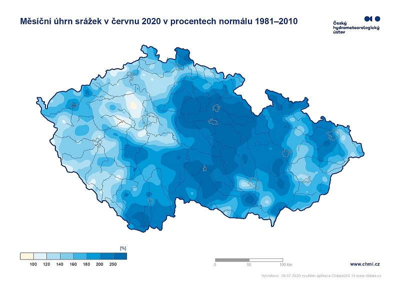 Nejvyšší úhrny srážek byly v červnu v Pardubickém kraji, lokálně pak rovněž v Jeseníkách, Jizerských horách a Beskydech.