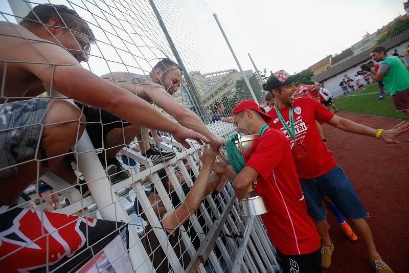 Utkání Fotbalové národní ligy mezi FK Viktoria Žižkov (v bíločerveném) a FK Pardubice (v modrém).