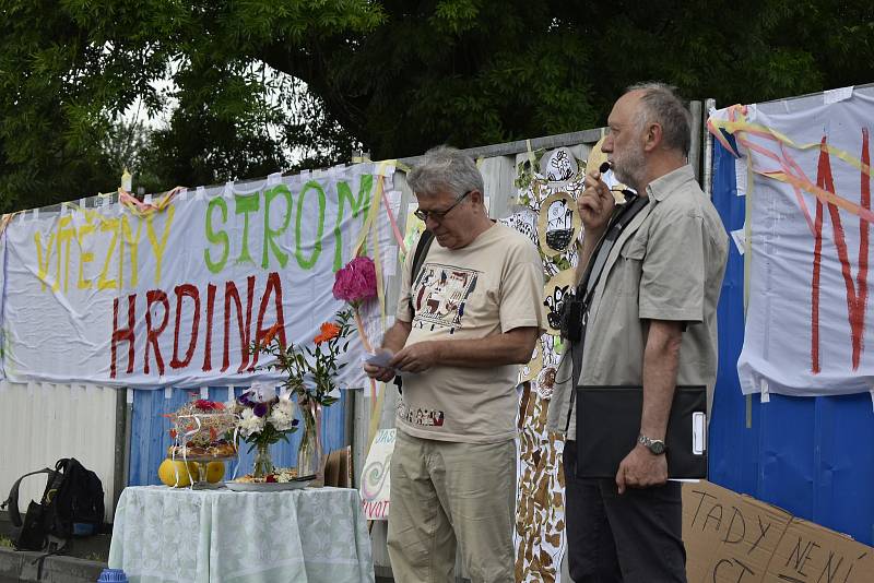 U 160 let vzrostlého jasanu v Pardubicích se  sešly desítky lidí. Přišly, aby vyjádřily nesouhlas s tím, že má strom, který získal titul Strom hrdina, padnout kvůli výstavbě obchodů.