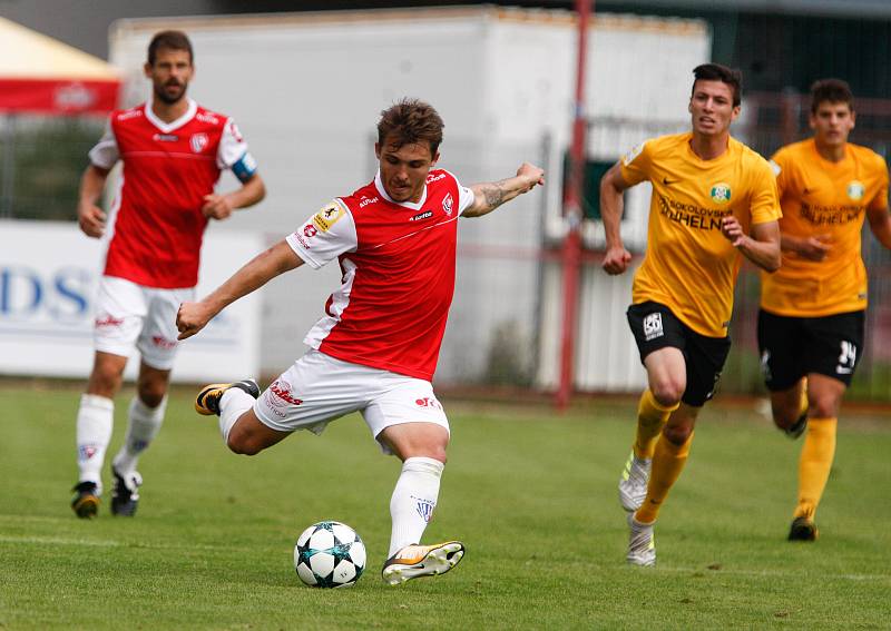 Utkání Fotbalové národní ligy mezi FK Pardubice (ve červenobílém) a FK Baník Sokolov (ve žlutočerném) na hřišti pod Vinicí v Pardubicích.