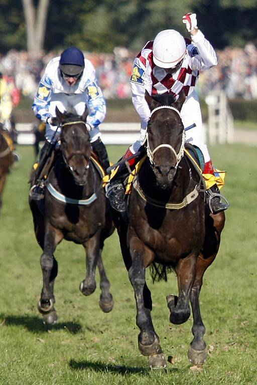 Sedmý triumf. Josef Váňa starší s Tiumenem zvítězil v jubilejní 120. Velké pardubické. Druhý doběhl Amant Gris a třetí skončila bělka Sixteen.